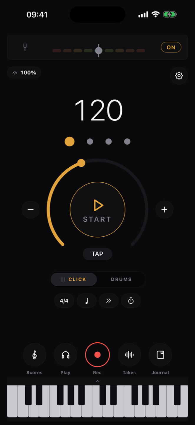 Practice Studio home screen: tuner strip on top, metronome dial at 120 BPM