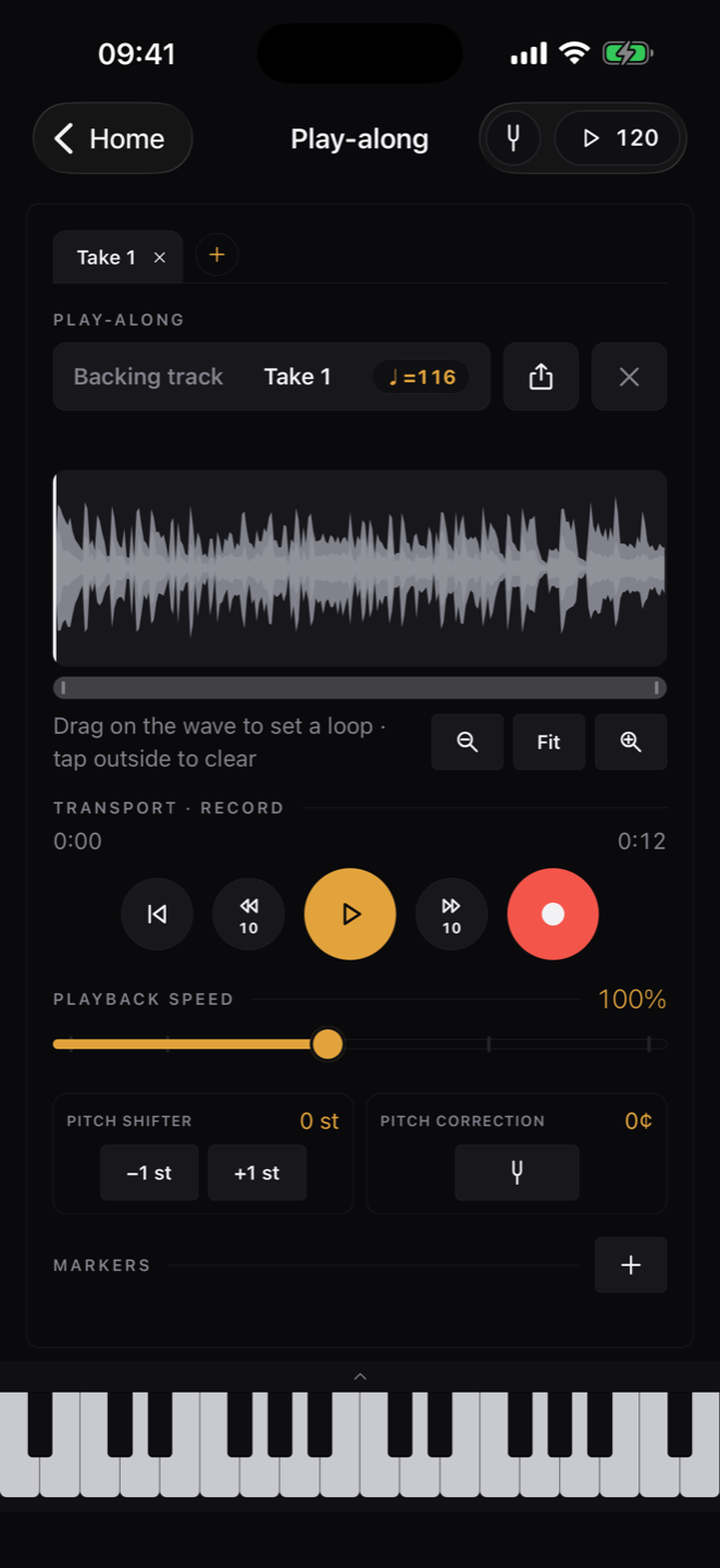 Audio editor: waveform with stems, loop, playback speed and pitch shifter
