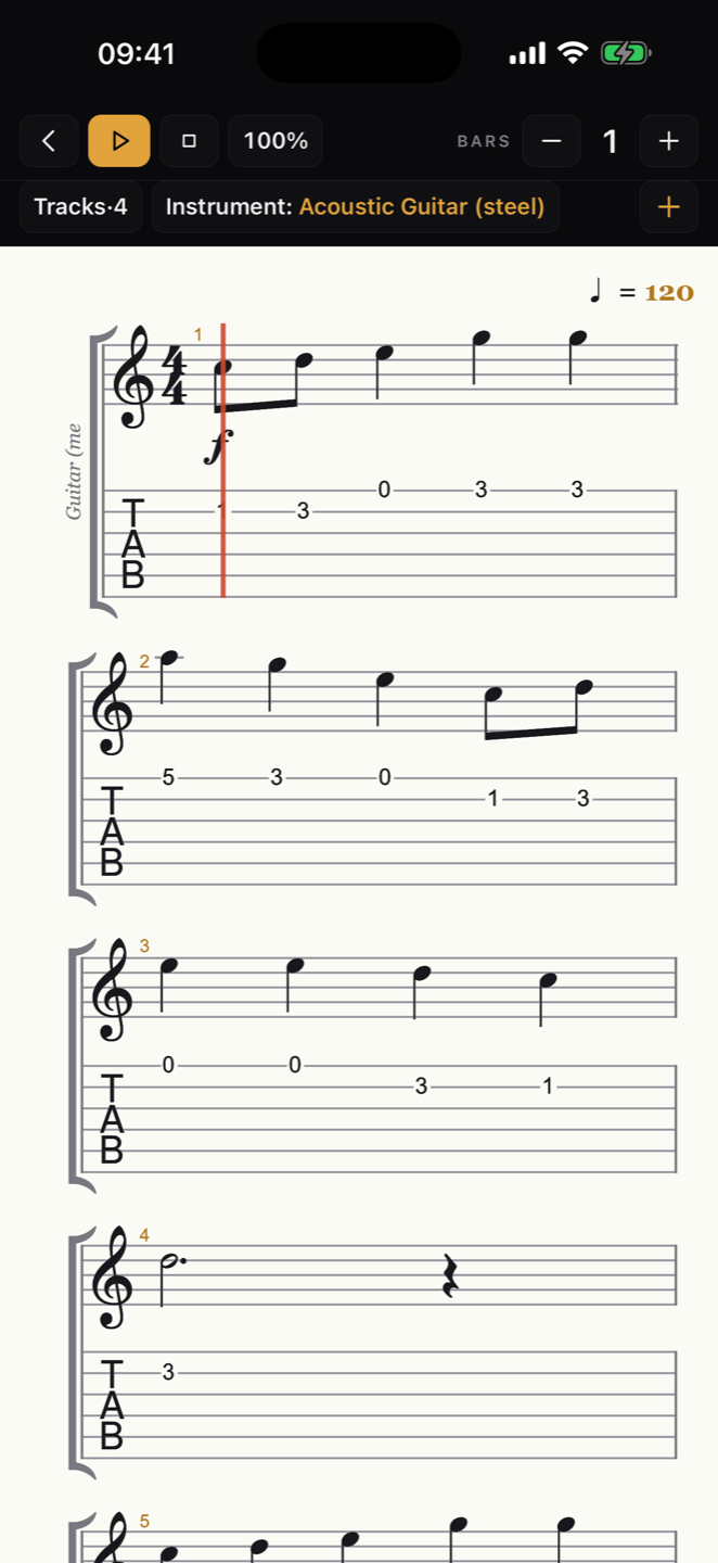 Score viewer with standard notation and tablature, playhead on bar one