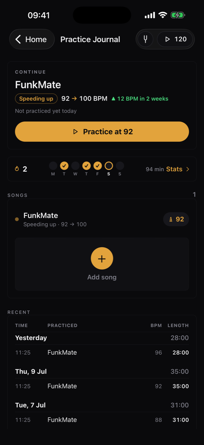 Practice journal: FunkMate speeding up from 92 to 100 BPM, weekly streak and session log