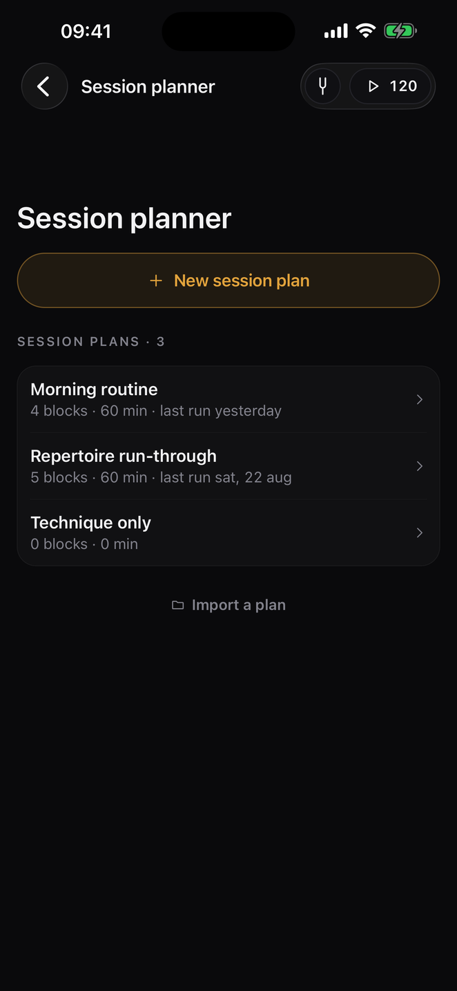 Session planner: the list of plans with blocks, minutes and last run