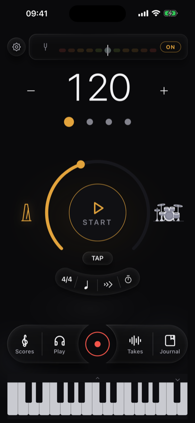 Home, iPhone portrait — tuner strip ON, tempo 120, START ring, arc row, nav pill, piano dock