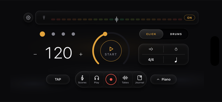 Home, iPhone landscape — full-width tuner strip, tempo + START side by side, chip grid, nav pill