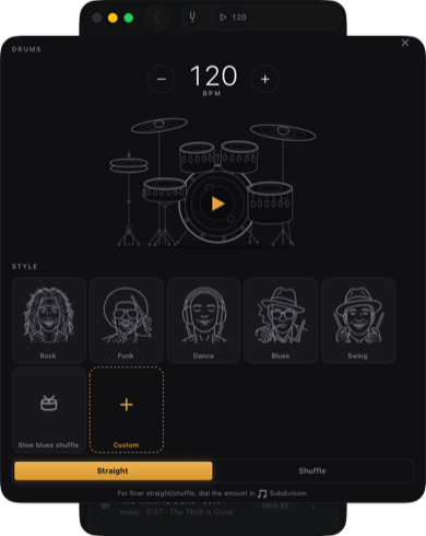 Home with DRUMS selected, drums panel open (style row + faders)