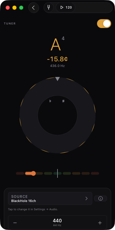 Tuner full screen with strobe, note reading in tune