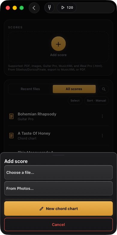 Add score panel (glass) with the three sources