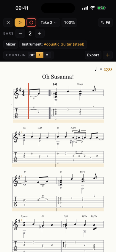 Score viewer, Guitar Pro file — toolbar with Take, 100%, Fit, BARS, Mixer, Instrument, COUNT-IN, Export
