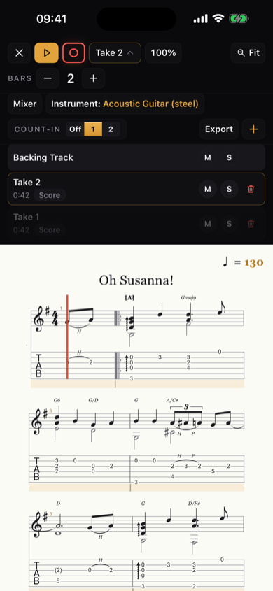 Score viewer mid-recording, Take menu open with two takes