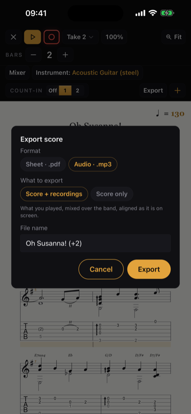 Export score card — Format Sheet .pdf / Audio .mp3, What to export Score + recordings / Score only