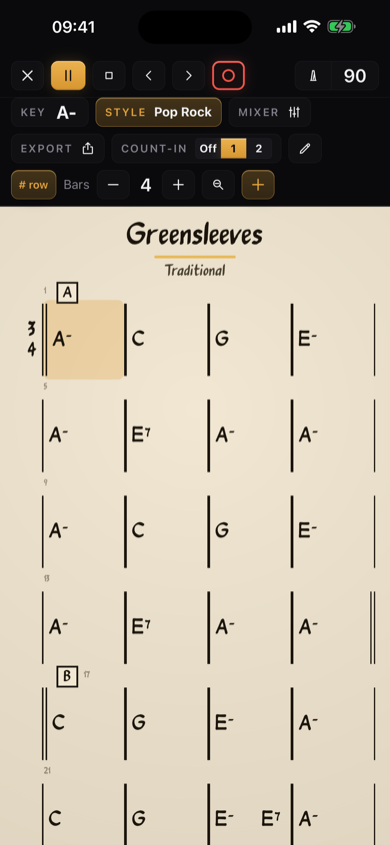 iReal chart view with the arranger playing, chord grid and playhead