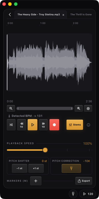 Play Along with a loaded track — waveform, markers, loop, speed and pitch