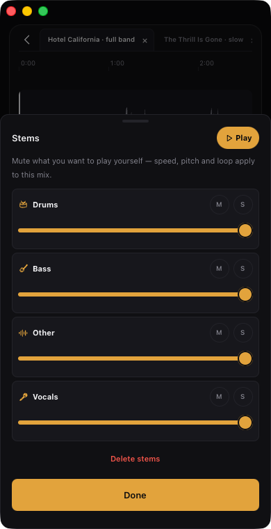 Stem mixer — four stems with faders and mute