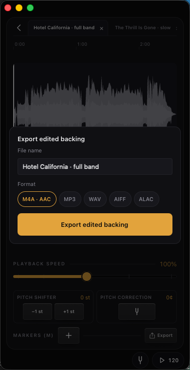 Export the play-along sheet — What to export, How much to export, file name