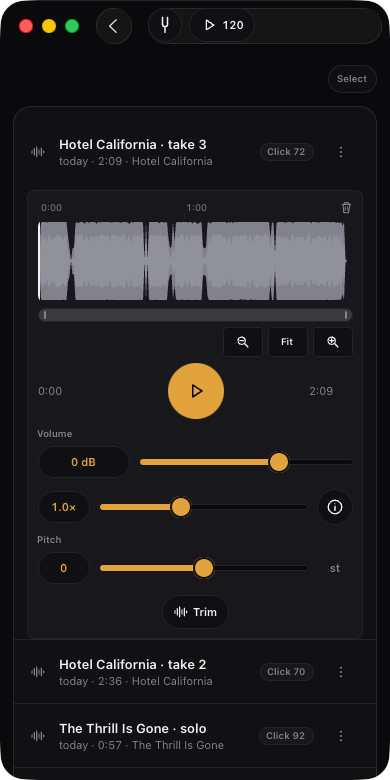 Takes list with a multitrack take expanded