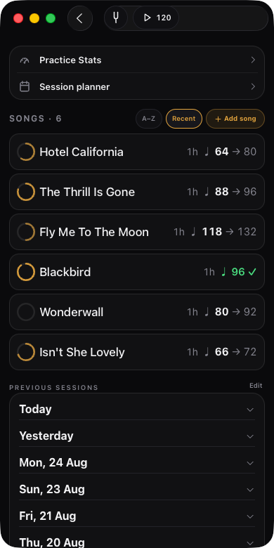 Journal overview — Practice Stats and Session planner rows, song list with progress rings, previous sessions
