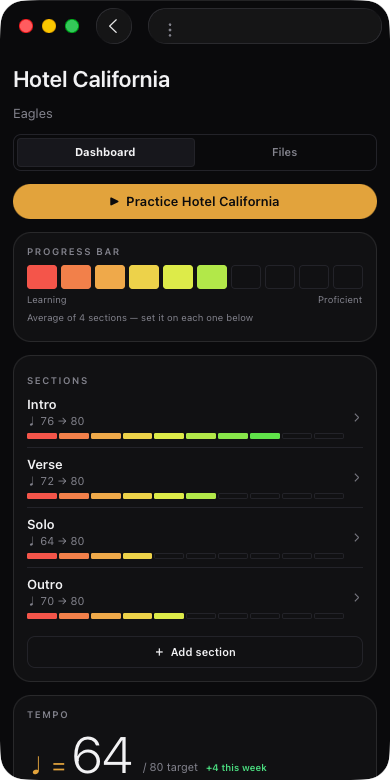 Song detail — Dashboard tab, progress bar, sections, tempo, week/total/last, diary