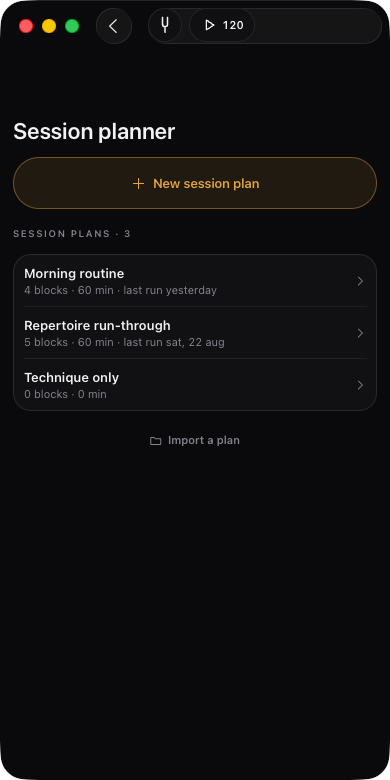 Session planner list — New session plan, plan card with blocks/minutes/last run, Import a plan