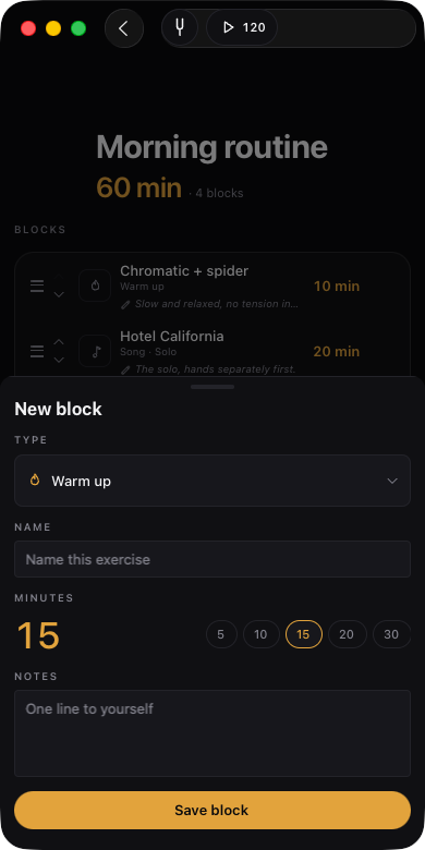 New block sheet — Type dropdown, Name, Minutes with 5/10/15/20/30 presets, Notes